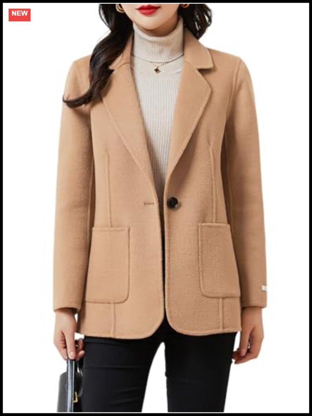 Wool Blend Pea Coat Blazer Notched Lapel One Button Business Casual